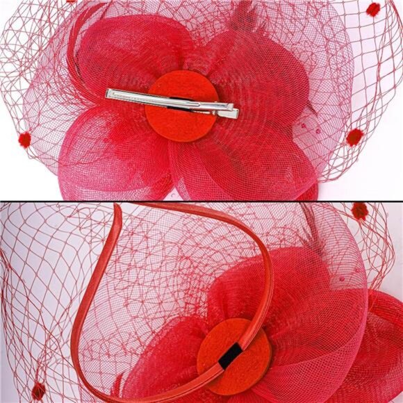Women's Fascinators Flower Feathers with Veil Red - Picture 7 of 7